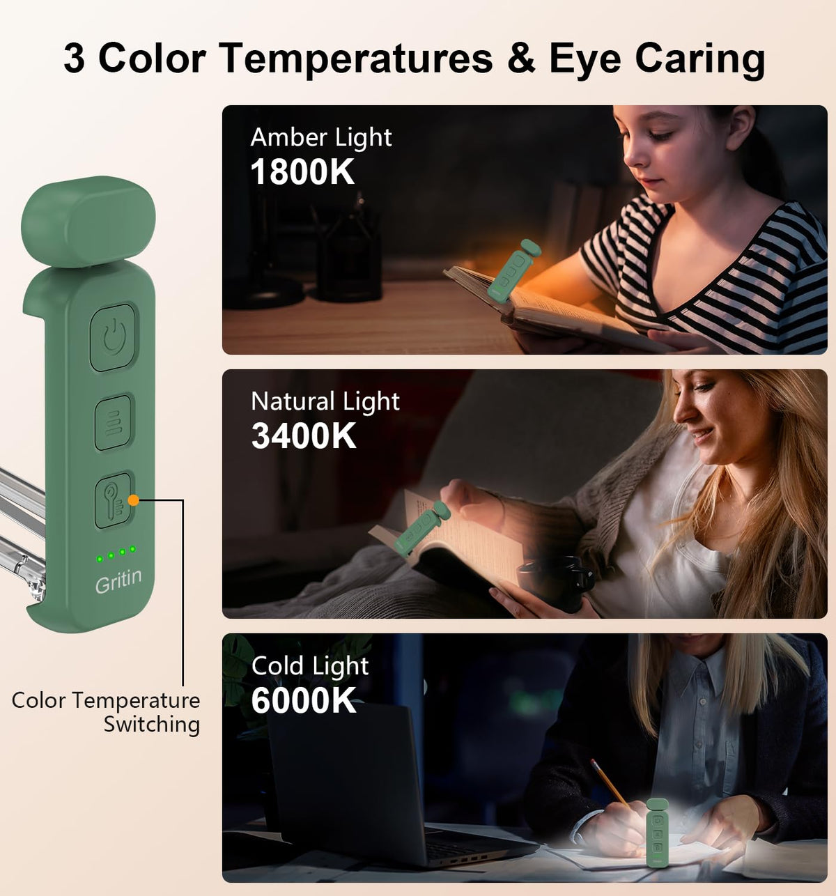 Gritin Book Light Rechargeable, Reading Light Lamp Clip on Books