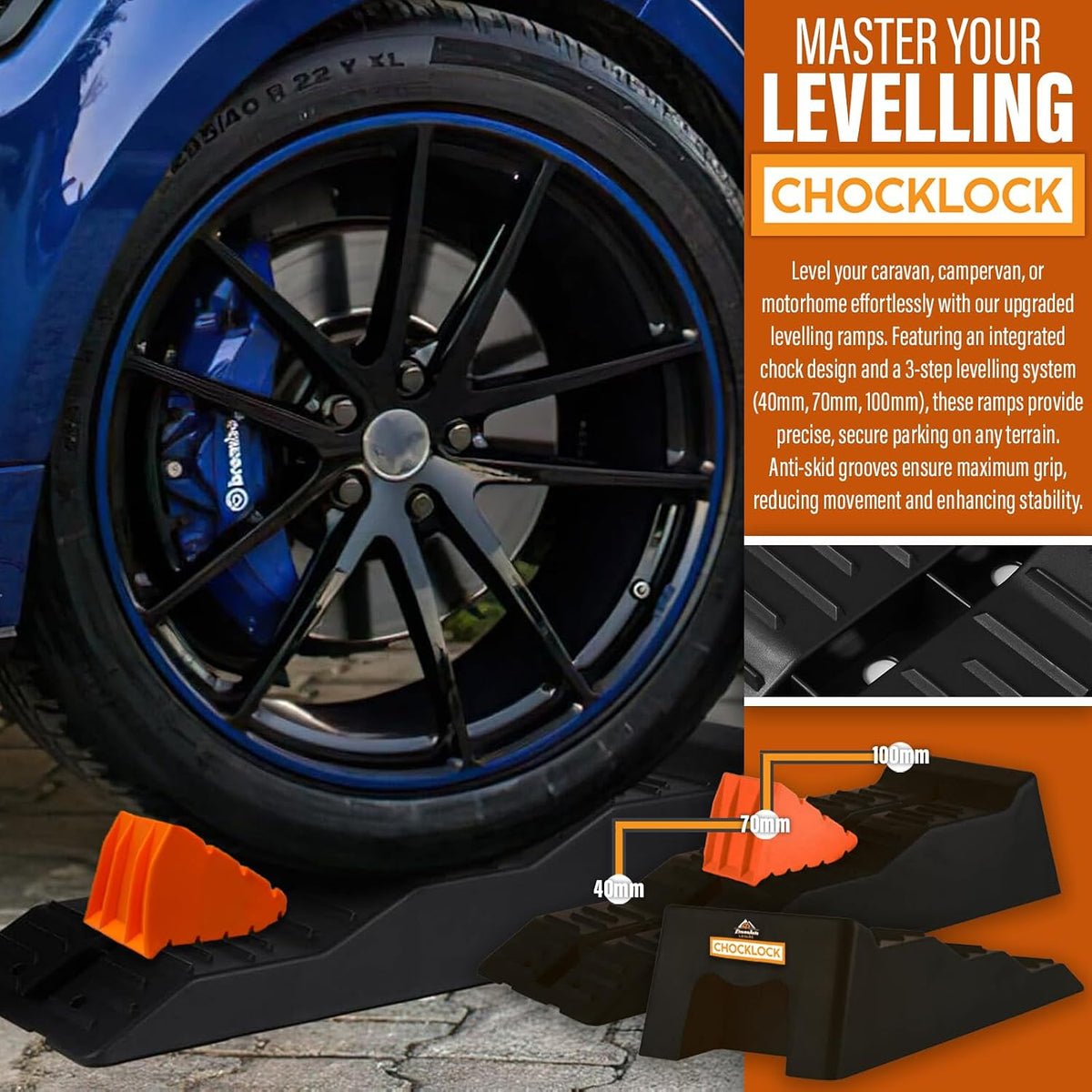 Xtremeauto CHOCKLOCK Caravan Levelling Ramps - 2 Pack Heavy Duty Motorhome Ramps with Chocks & Bag, UV-Resistant Non-Skid Campervan Blocks (5 Tonne Load) - Black