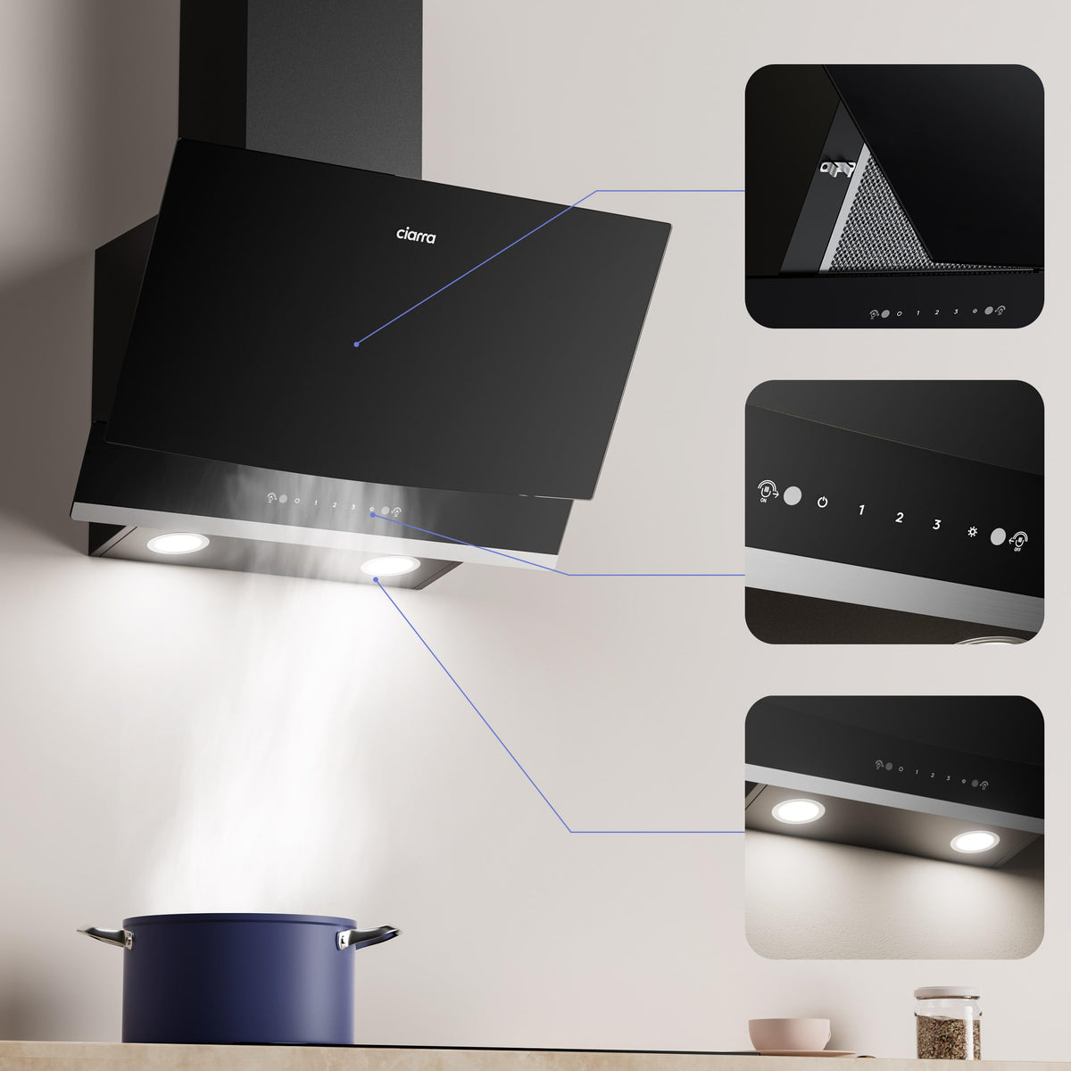 CIARRA 60cm White Angled Cooker Hood, Gesture Control, A+++, CBCW6736A