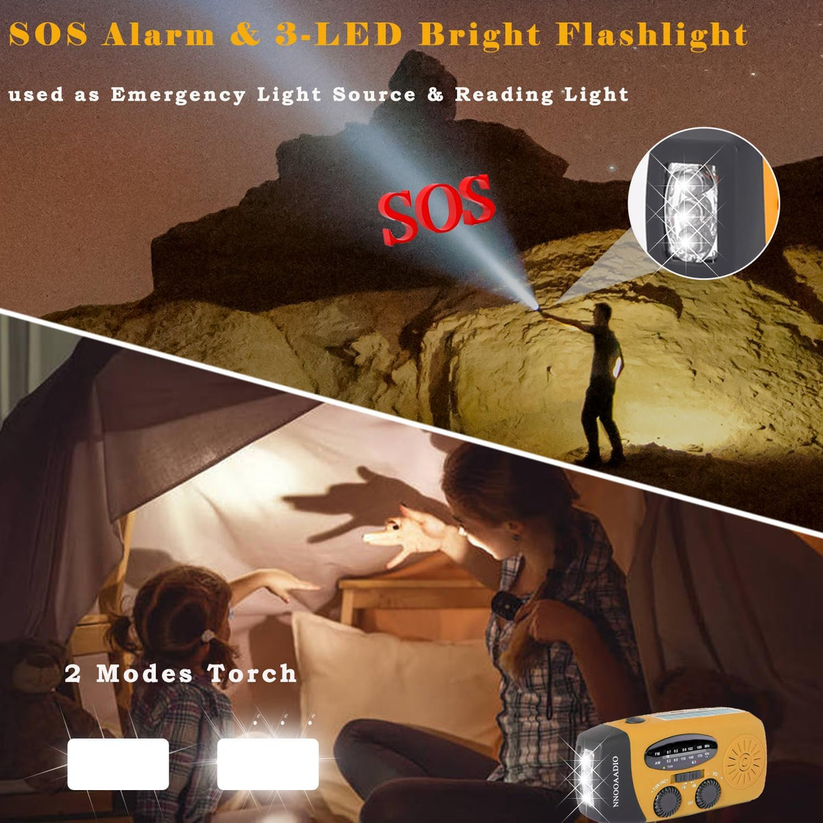 NNOOAADIO Wind Up Solar Hand Crank Radio, 2000mAh SOS Alarm for Camping