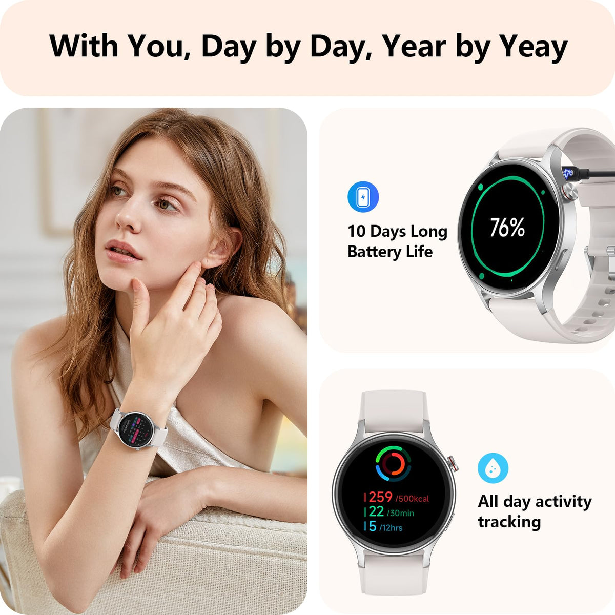 Smart Watch for Women, Answer/Make Call, 1.32'' AMOLED Ultra-Clear Screen Fitness Trackers with Heart Rate/Sleep/SpO2 Monitor, Smartwatch for iPhone/Samsung/Android, 110+ Sport Modes, 3ATM Waterproof