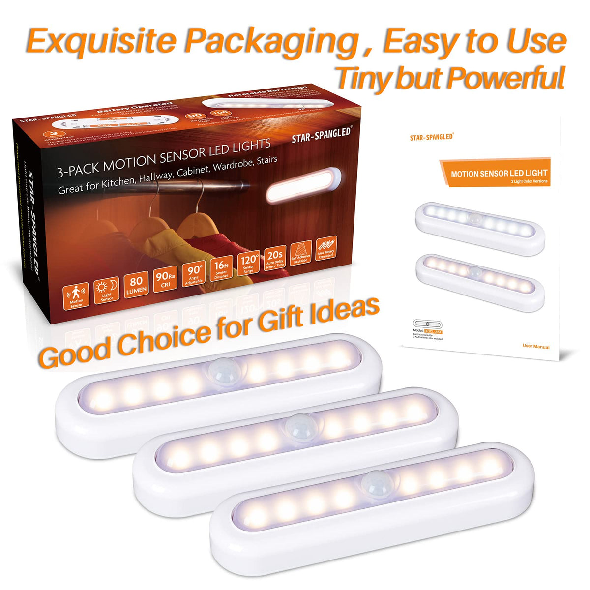 STAR-SPANGLED 7” LED Motion Sensor Lights Indoor AAA Battery, 3 Pack White