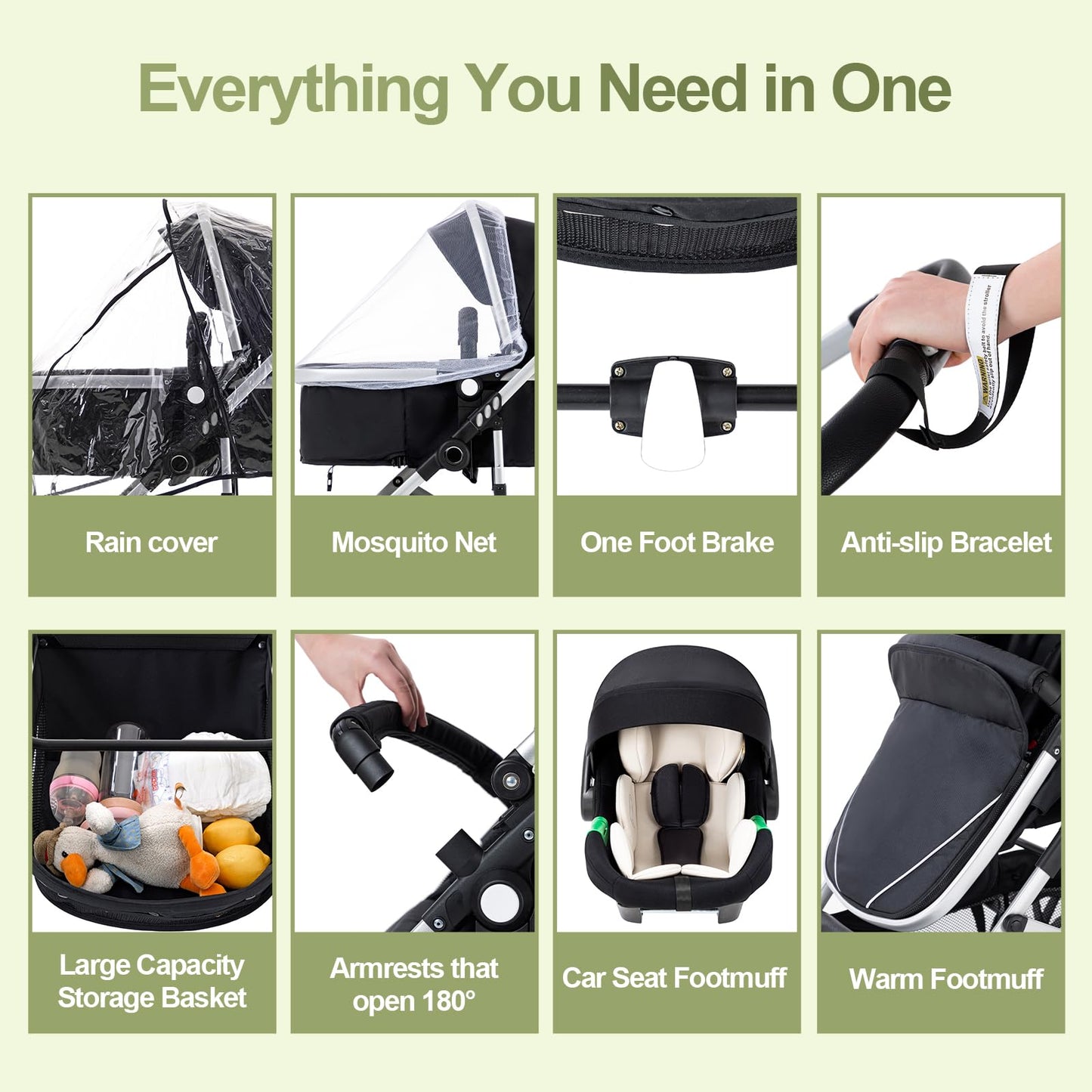 Zkipm Baby Pram 3 in 1, Foldable Baby Stroller,Pram Set Travel with Adjustable-Height Push Handle, Present Rain Cover, Mosquito Net, Bag, Cooling Mat, ect for Ages 0–3