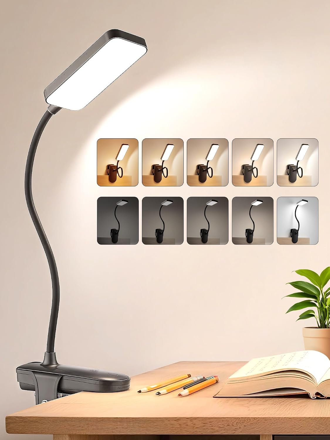 Reading Light,9 Brightness+5 Colors Clip on Light, LED Desk Lamp Table Lamp