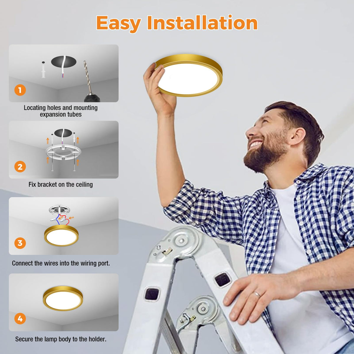 slochi Bathroom Light, 3000K/4000K/6500K 3 Color Temperature, Waterproof, Round, Modern, Flush Ceiling Light for Bathroom, Kitchen, Bedroom, Hallway and MoreØ18CM(Gold)