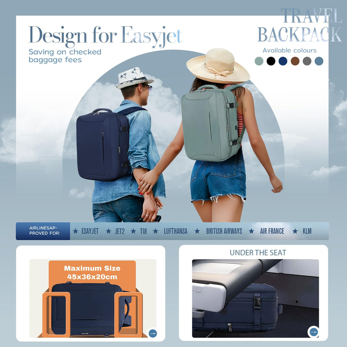 Xkdoai for Ryanair Cabin Bags 40x30x20,Backpack with TSA Approved Clear Bag