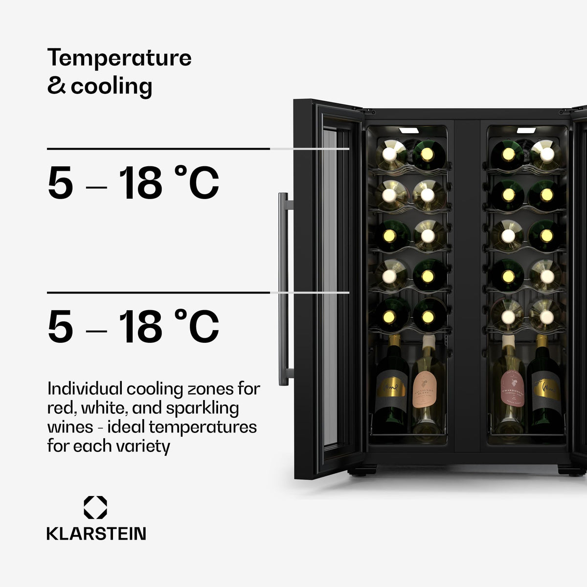 KLARSTEIN Shiraz Wine Cooler Black – 8 Bottles, 1 Zone | Freestanding Wine Fridge with Glass Door, Quiet, 5–18 °C, LED, Stainless Steel Frame