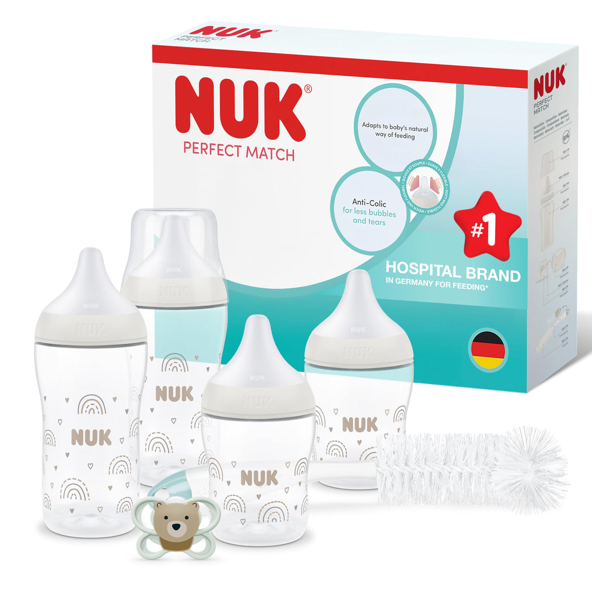 NUK Perfect Match Newborn Baby Bottle Set | 0+ Months | 150ml | Anti Colic Feeding Bottle | PP | Temperature Control Indicator | Rainbow | 4 Count