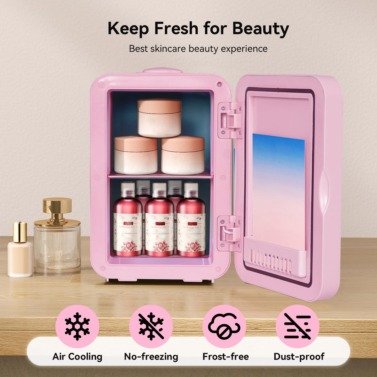4 Liter Mini Fridge with Dimmable LED Mirror, AC/DC Skincare Fridge
