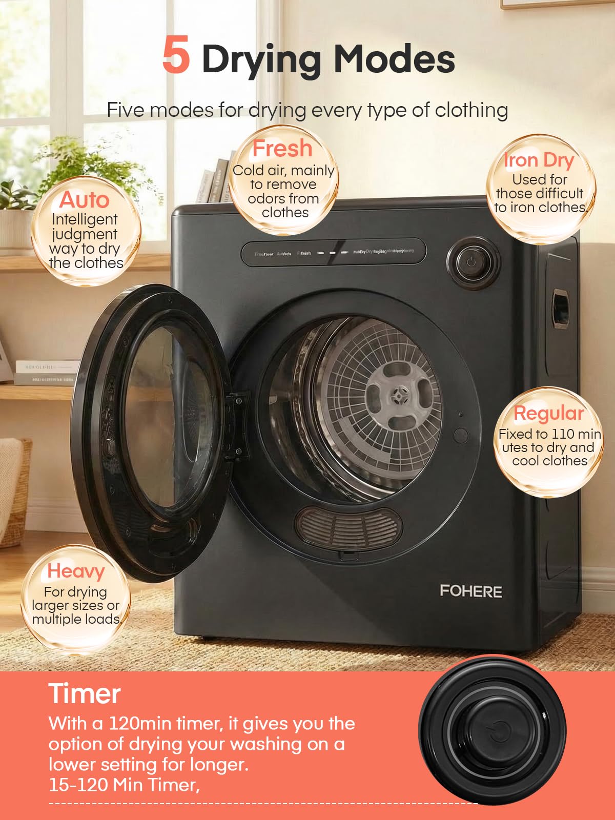 4KG Vented Tumble Dryer, 1200W Compact Smart Dryer, 6 Drying Modes, Double Temperature Control Protection, with Child Lock and Timer, with Child Lock, Crease Guard, for Apt, Home, Dorm, RVs, White