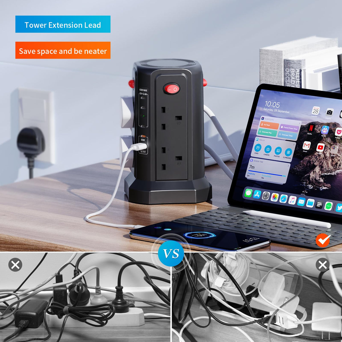 HAFINO Tower Extension Lead 3M with USB Slots and Night Light, 4 Switches