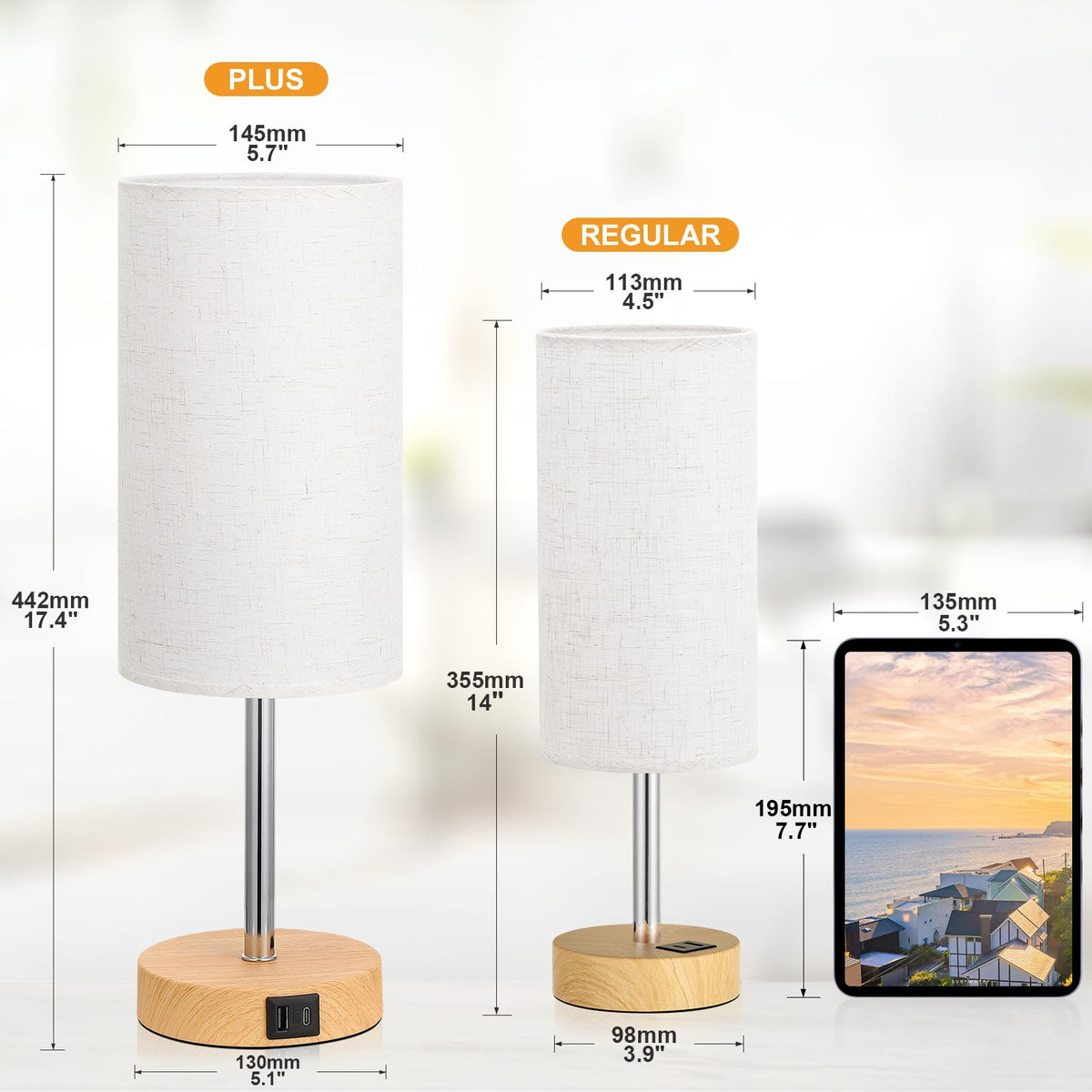 Aooshine Grey Table Lamp, 3-Way Dimmable, USB A + C Charging