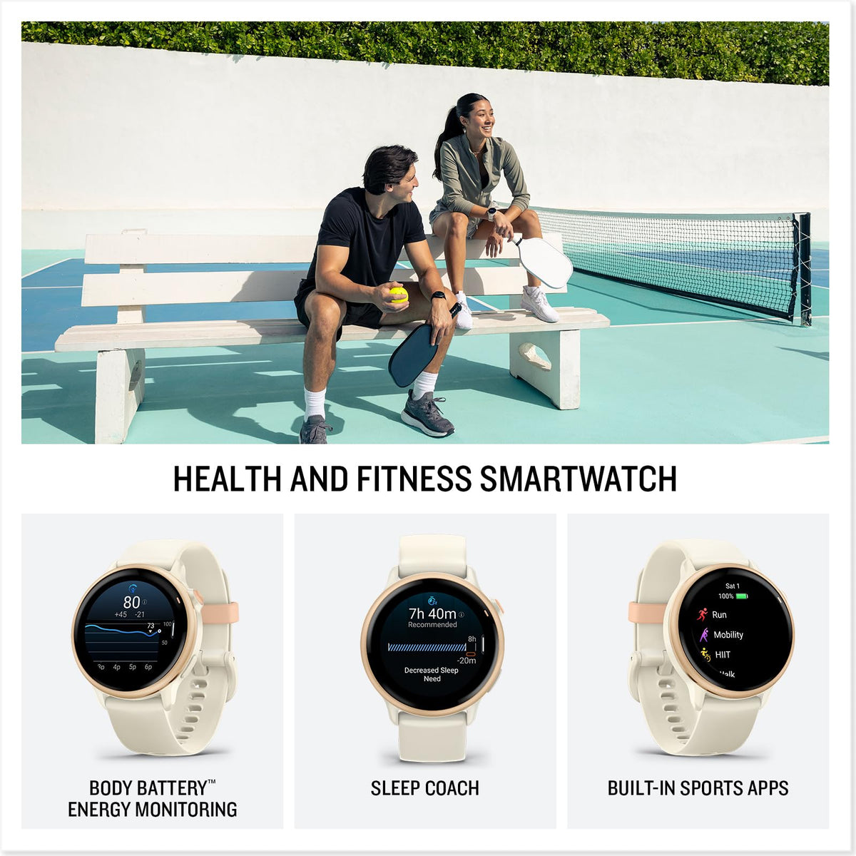 Garmin vívoactive 6, 42mm GPS smartwatch, AMOLED touchscreen, all-day health monitoring, personalised fitness features, advanced sleep coaching, Music, up to 11 days battery life, Bone/Lunar Gold