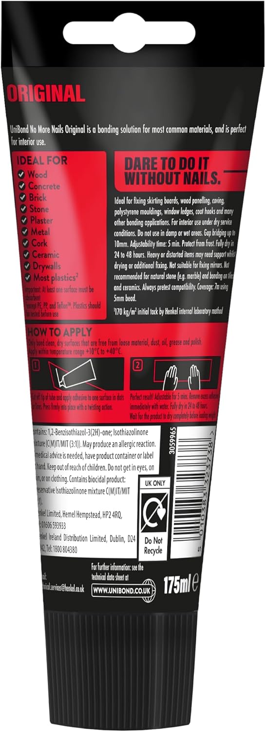 UniBond No More Nails Original Construction Adhesive, White, 1 x175 ml Tube