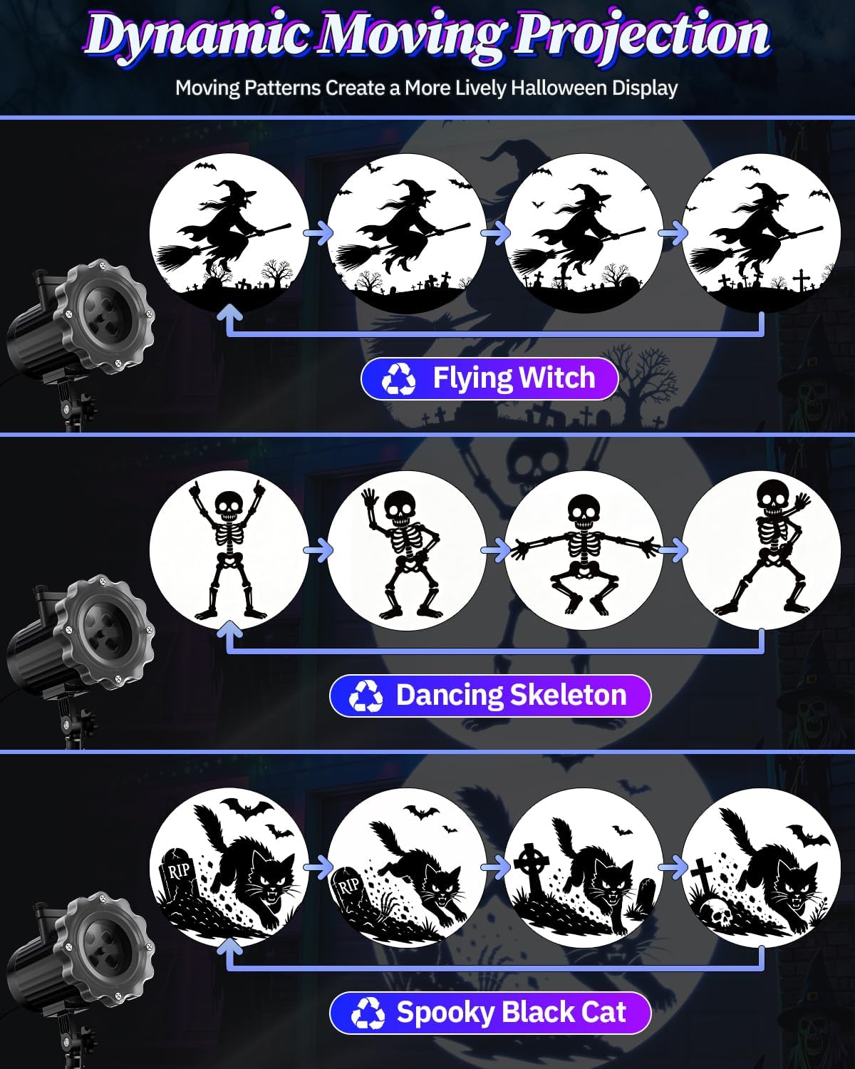 Halloween Projector Outdoor, Dynamic Halloween Decorations Lights with Motion Effects, Flying Witch Broomstick/Spooky Cat/Dance Skeleton, Movement Night Light for Window Yard Wall Garage Holiday Decor