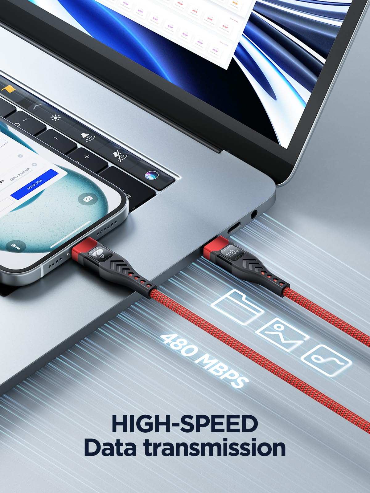 USB-C to C 1M 100W PD3.0 Fast Charging Cable - Compatible with MacBook Pro, iPad Air, iPhone 15, Samsung S23/S22/S21 Ultra, Pixel 7/6, Switch, PS5