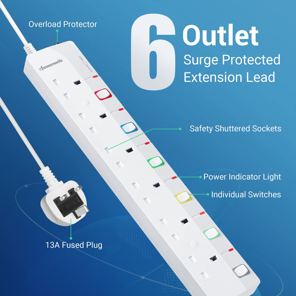 DEWENWILS 6 Way Surge Protected Extension Lead with Individual Switches