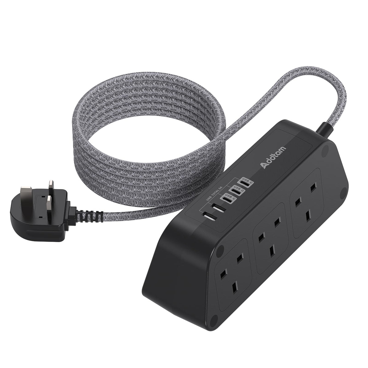 Addtam Extension Lead with USB Slots, 6 Way Outlets 5 USB(5A, 3USB- C Port)