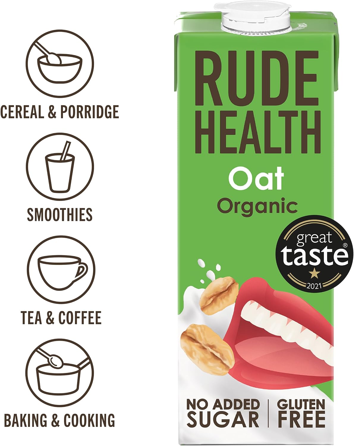 Rude Health 6 x 1 Litre Organic Oat Dairy-Alt Milk, 100% Natural Organic Drink, Lactose Free, Dairy Free & Gluten-Free, No Added Sugar, Award-Winning, Healthy & Vegan, 100% Recyclable Packaging