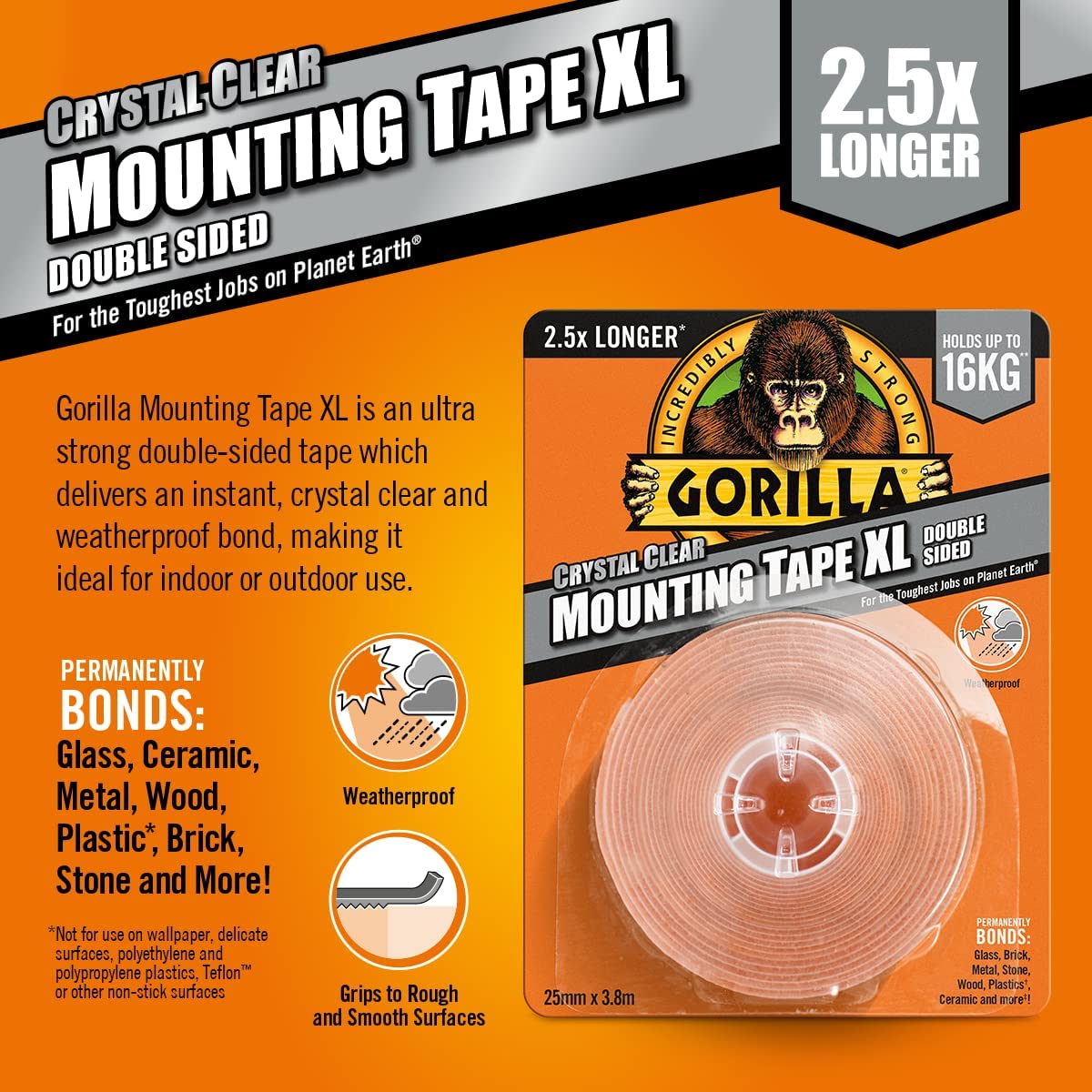 Gorilla Double Sided Mounting Tape Clear 1.5m, Pack of 1
