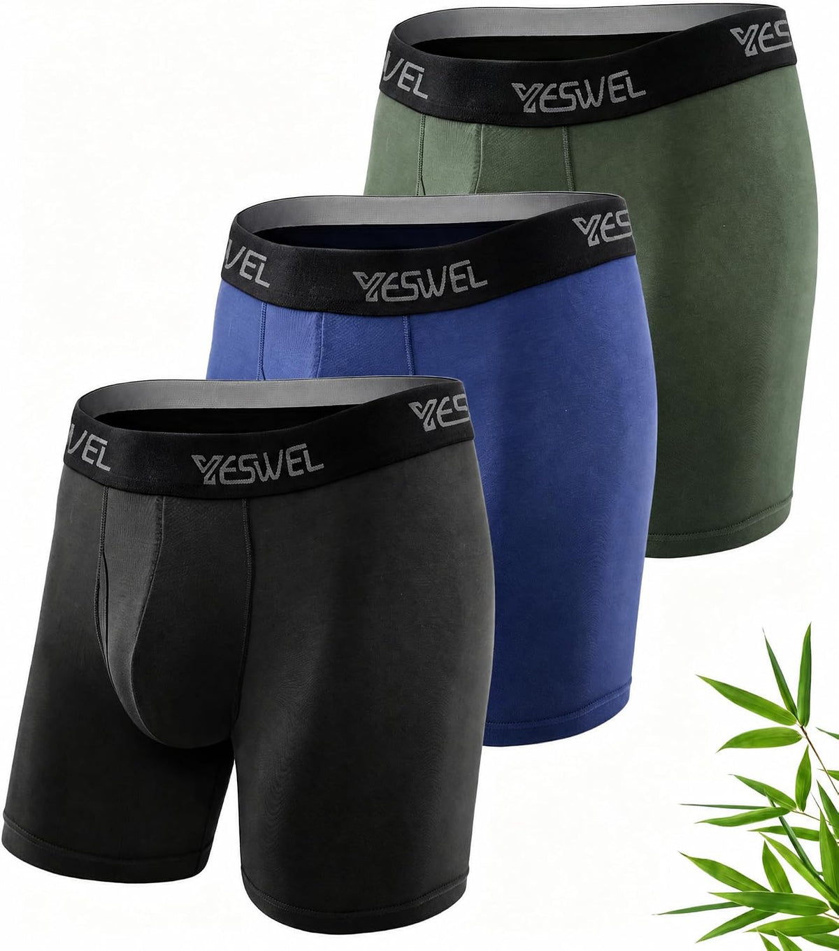 YESWEL Mens Bamboo Boxers, Longer Leg Boxer Shorts with Fly, Anti Chafing Underwear Trunks, No Itchy Labels Underpants (S-4XL)