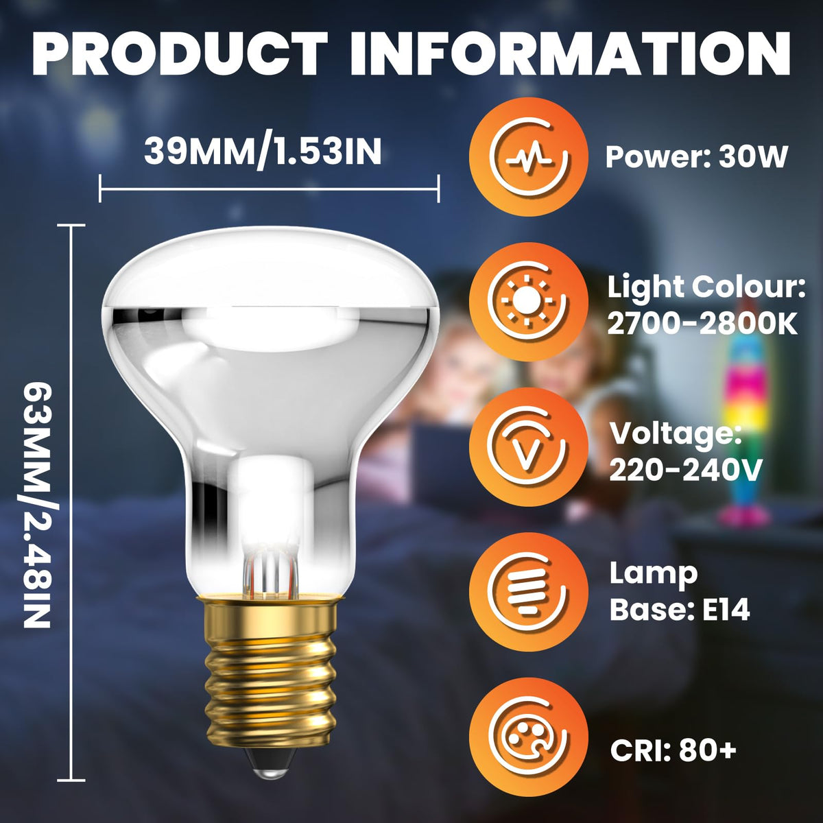 Bonlux 2X R39 E14 Reflector Bulbs Spot Lights Dimmable Lava Lamp 25W Super Bright Small Edison Screw Base SES Energy Saving Light Bulbs Warm White 2400-2600K 360 Degree Wide Beam Angle 240V
