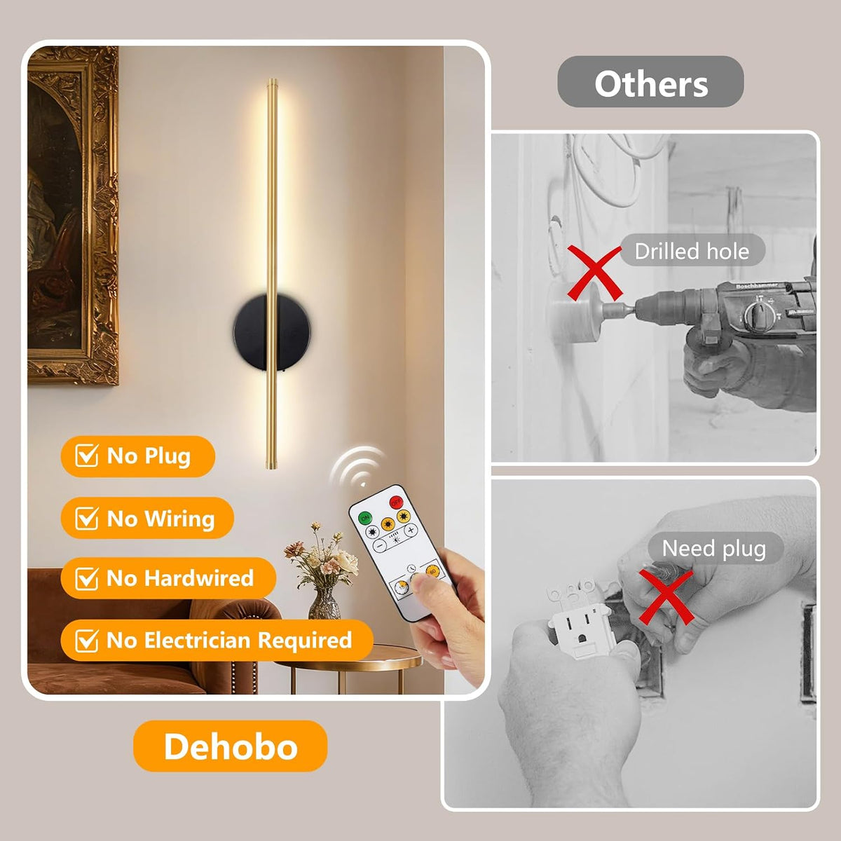 Dehobo 80CM Rechargeable Wall Lights with 8000mAh for Home Decor, 2 Packs