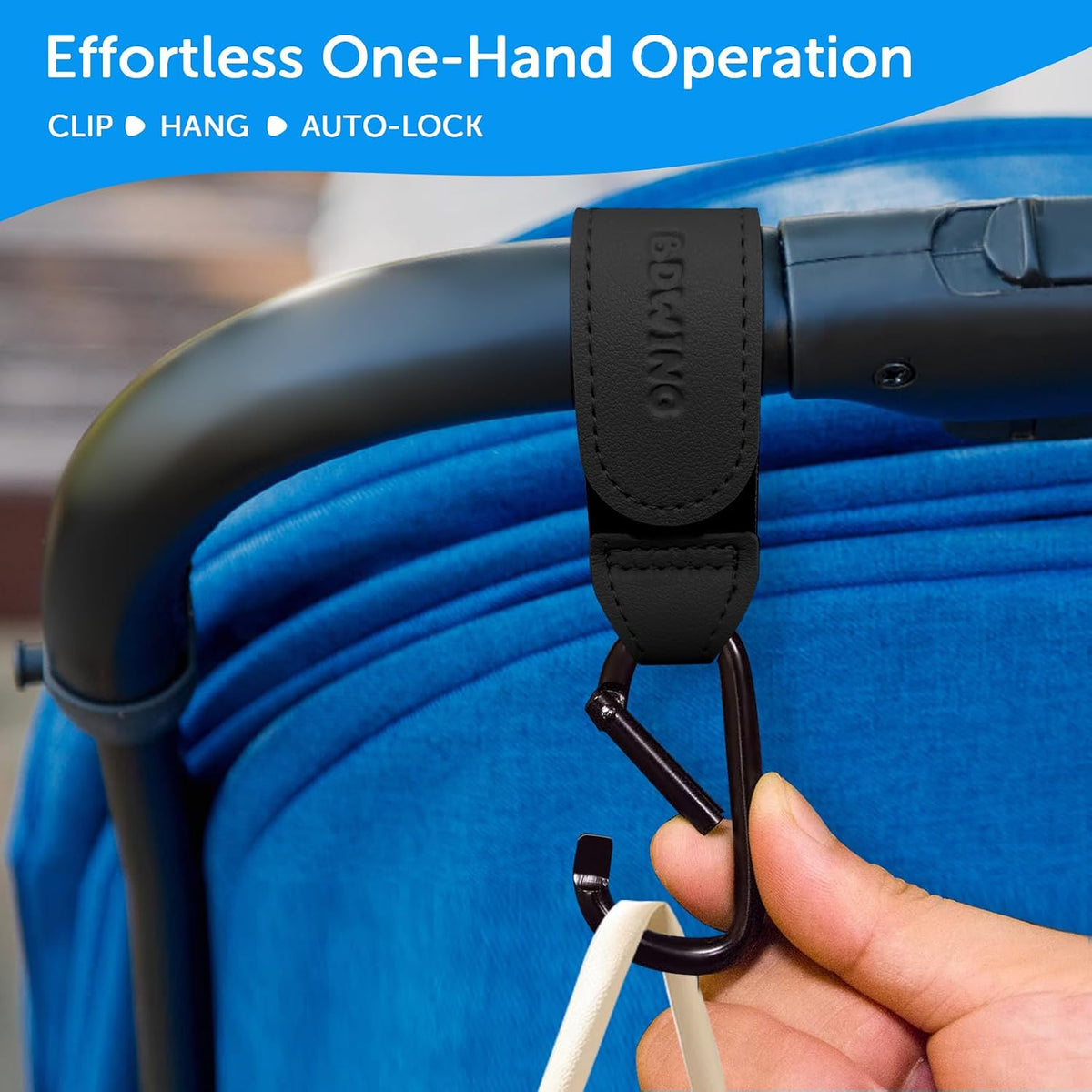 2pcs Buggy Clips for Changing Bag Handbag, Non-Slip PU Leather Pram Hook for Buggy Pram Rocker Stroller Pushchair Rollator Mobility Scooter Universal Accessories Baby Travel Essentials (Black）