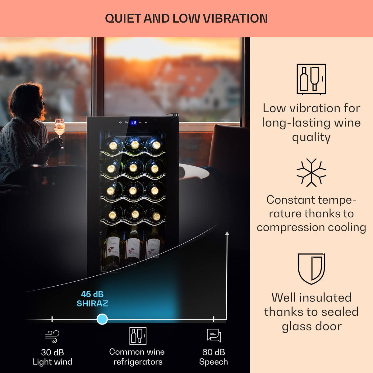 KLARSTEIN Shiraz Wine Cooler Black – 8 Bottles, 1 Zone | Freestanding Wine Fridge with Glass Door, Quiet, 5–18 °C, LED, Stainless Steel Frame