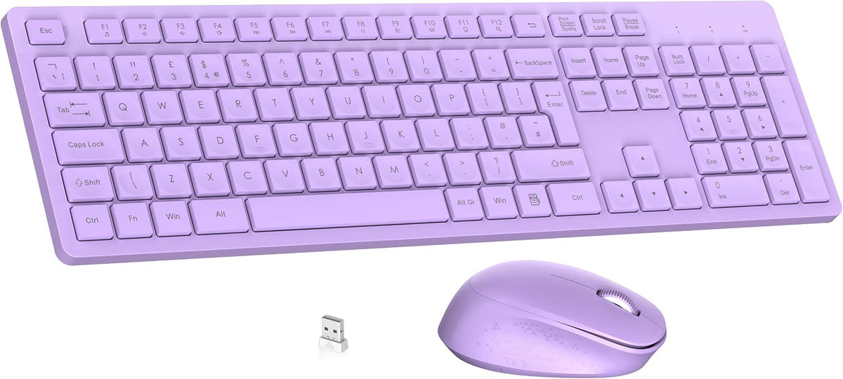 LeadsaiL Wireless Keyboard and Mouse Set, 2.4GHz USB Computer Keyboards and Mouse Combo, Full Size UK QWERTY Layout, Ergonomic Design with 12 Multimedia Shortcuts for HP/Lenovo Laptop and Mac-Purple