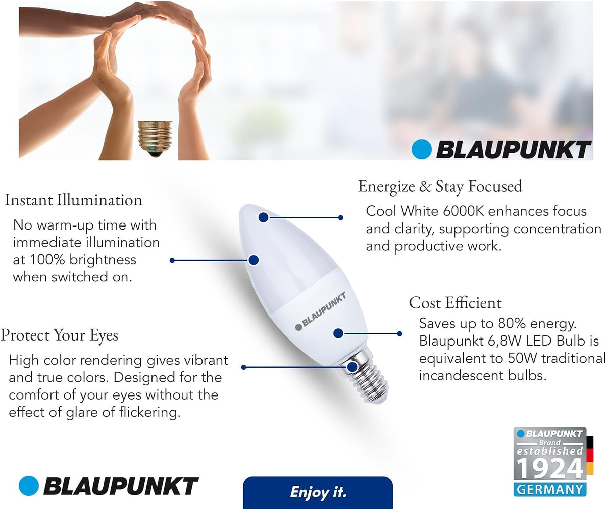 Blaupunkt E14 LED Light Bulb Candle Shape – 10W (Equivalent to 80W - 100W), 820 Lumens, 4000K Neutral White LED – Non‑Dimmable, E14 Screw Base, Energy‑Efficient Home Lighting – Pack of 1