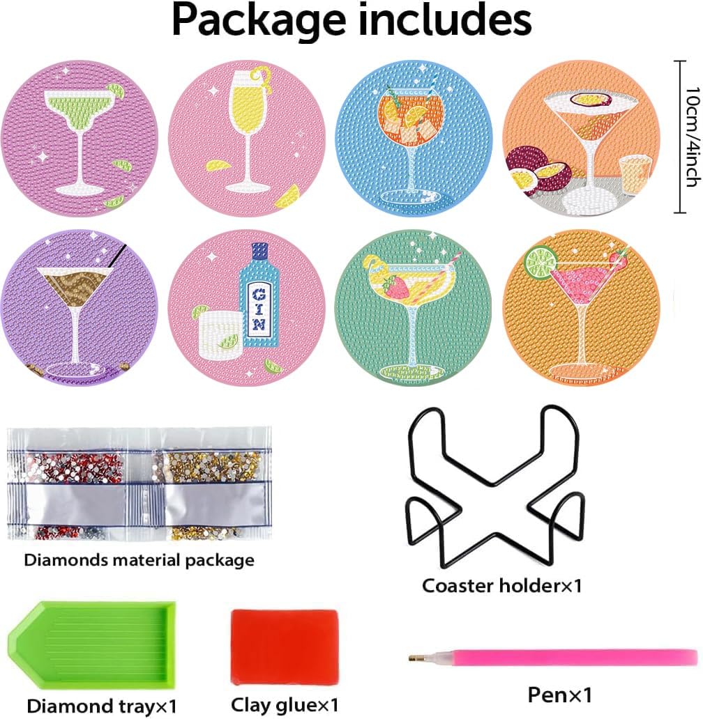 8Pcs Diamond Painting Coasters with Holder,DIY Cocktail Life Coaster Diamond Art Kits for Adults Kids,Beginners Round Full Drill Diamonds Art Craft Supplies
