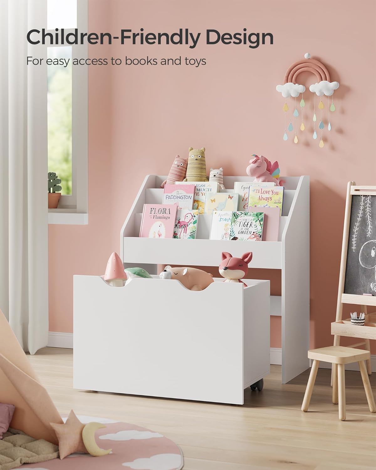SONGMICS Kids Bookshelf and Toy Organiser, Toy Storage Chest and Bookcase with 3 Shelves, Storage Box with Wheels, Multipurpose, for Children's Room and Playroom, Cloud White GKR041W10