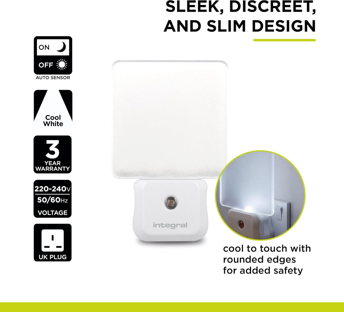 Integral LED Plug-in Night Light with Dusk-to-Dawn Sensor | Auto On/Off | Soft Light | Transparent | Ideal for Bedrooms, Hallways, Stairs, Landings, Children’s Nursery