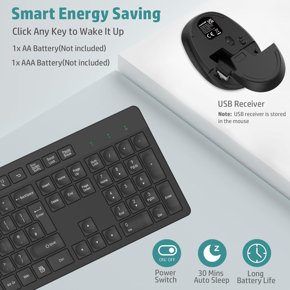 LeadsaiL Wireless Keyboard and Mouse Set, 2.4GHz USB Computer Keyboards and Mouse Combo, Full Size UK QWERTY Layout, Ergonomic Design with 12 Multimedia Shortcuts for HP/Lenovo Laptop and Mac-Purple