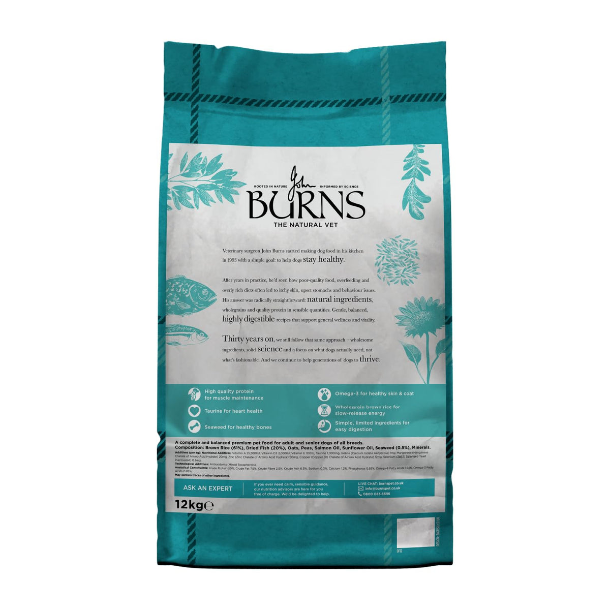 Burns Pet Nutrition Hypoallergenic Complete Dry Dog Food Adult and Senior Dog Original Chicken and Brown Rice 12 kg