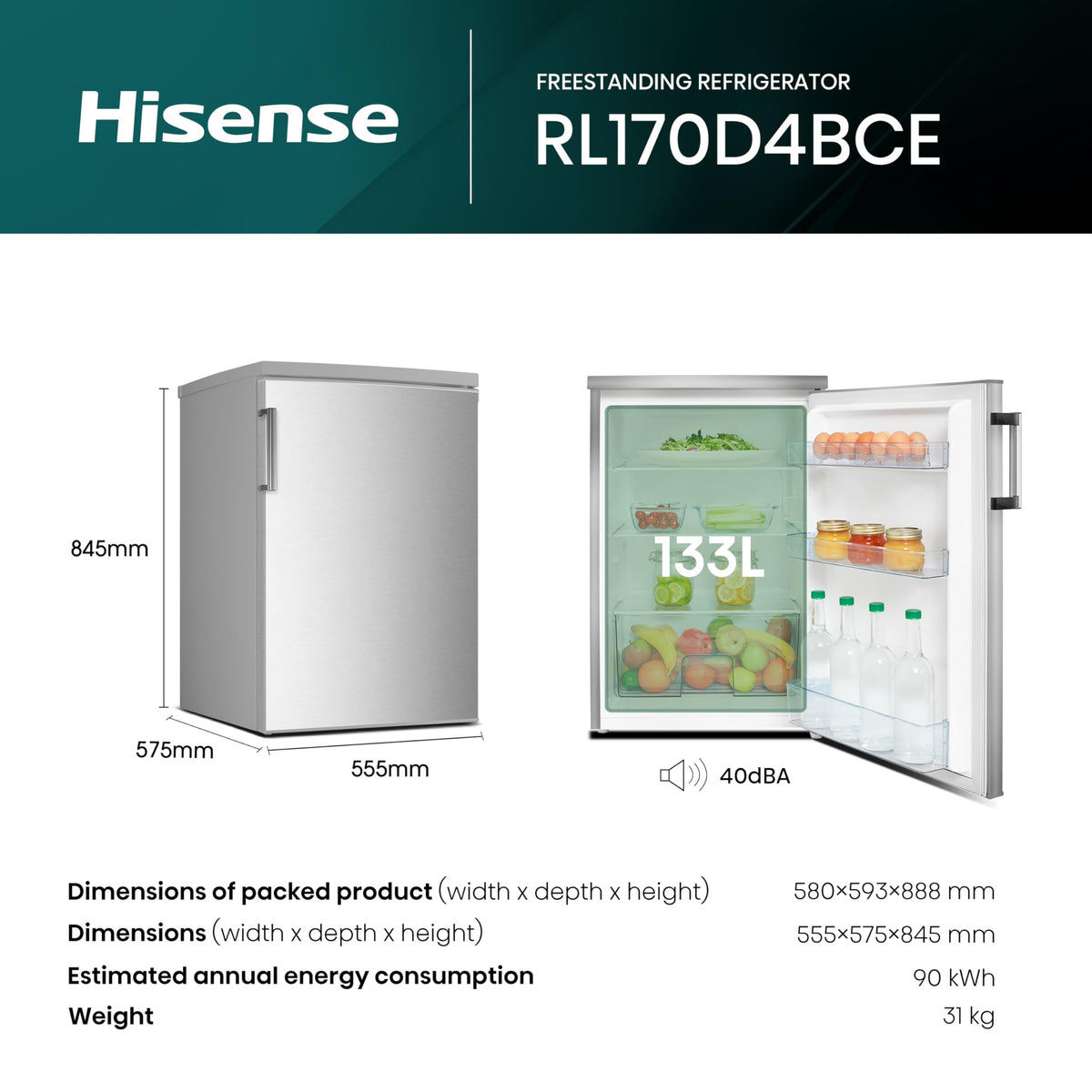 Hisense FV105D4BW21 56cm Under-Counter Freezer, 82-Litre Capacity, Reversible Door, 3 Freezer Drawers, White, E Rated