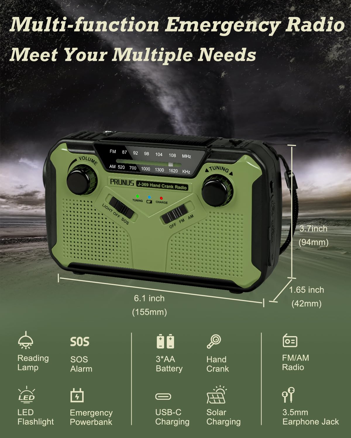 PRUNUS J-369 Wind Up Radio Solar, AM/FM Emergency Hand Crank Radio