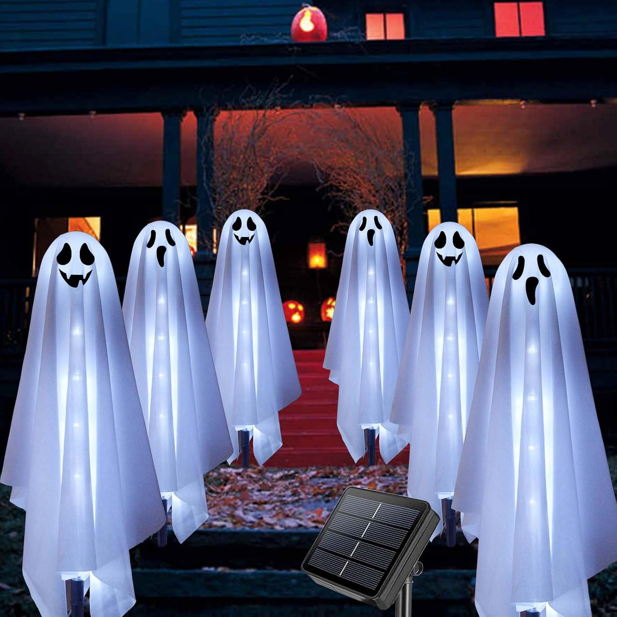 Set of 6 Solar Ghost Stake Lights, Halloween Decorations Outdoor, Scary Spooky Garden Patio Grave Lawn Porch Pathway Lights for Outside Yard Trick or Treat Halloween Party Decor Cool White