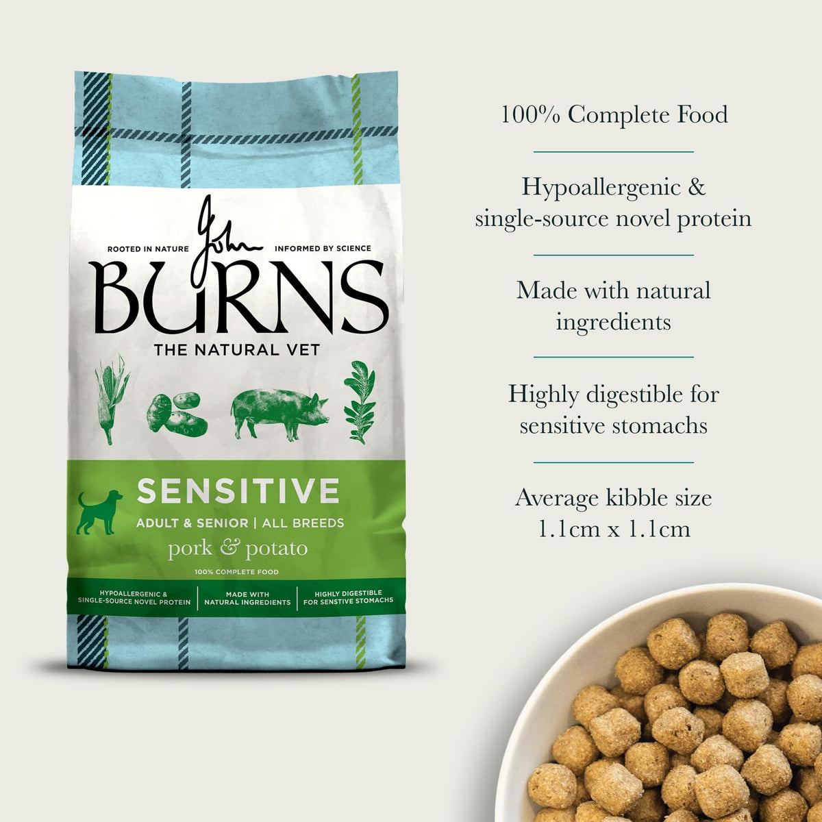 Burns Pet Nutrition Hypoallergenic Complete Dry Dog Food Adult and Senior Dog Sensitive with Pork and Potato 2 kg