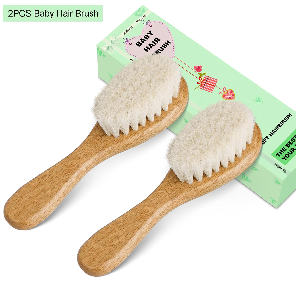 3PCS Baby Hair Brush with Wooden Handle and Comb Set for Newborns & Toddlers | Natural Soft Goat Bristles l Wood Comb l Green Cradle Cap Brush | Ideal for Cradle Cap
