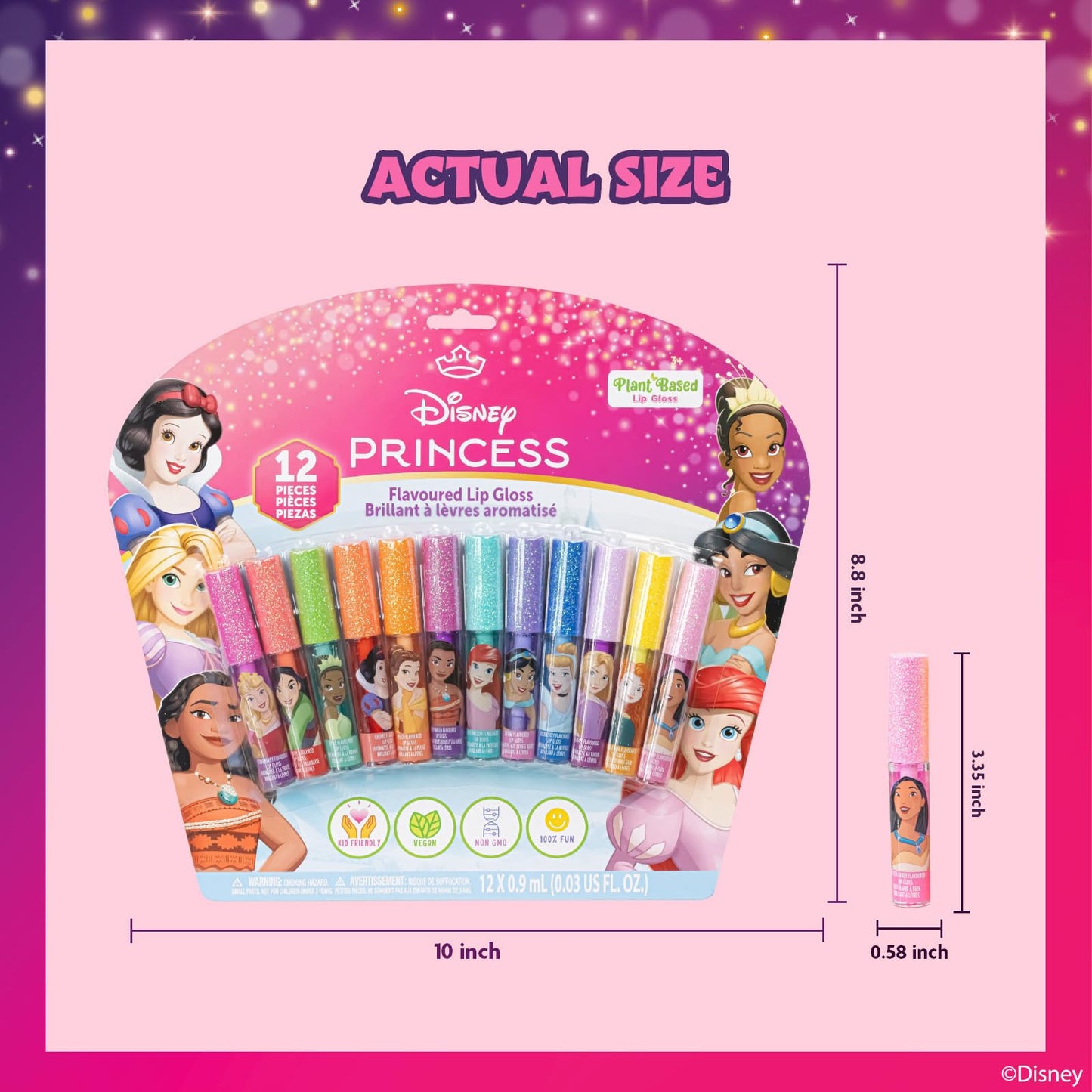 Disney Princess 12 Piece Plant Based Lip Gloss, Girls Party Favours, First Makeup Set for Girl, Perfect for Parties, Sleepovers and Birthday Gifts, Ages 3+, by Townley Girl