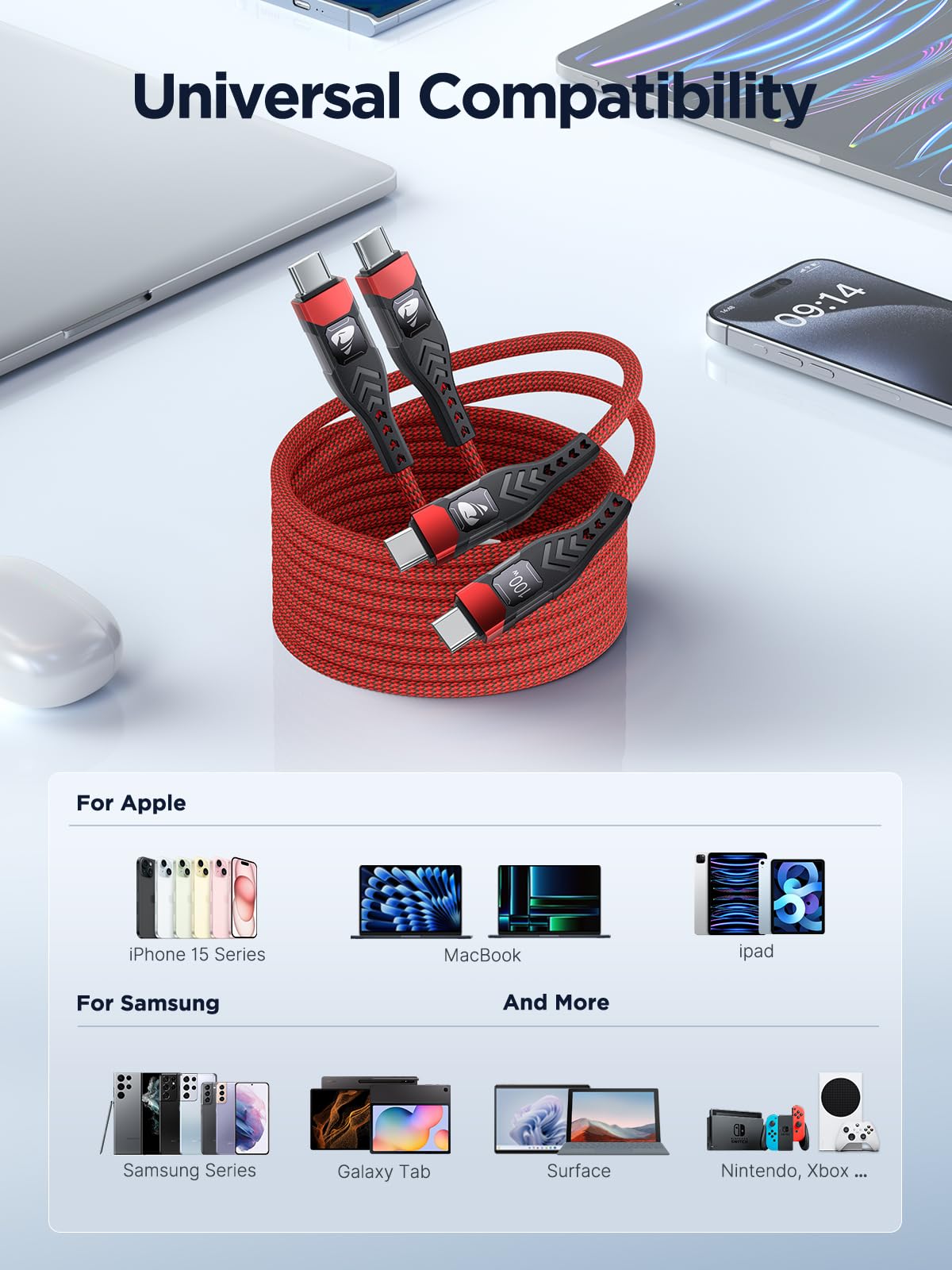 USB C to USB C, 100W 5A Fast Charging Cable [2Pack/2M] USB Type C Charger Fast Charge Lead Usbc to Usbc Cable for iPhone 15 16 17 Pro Max Plus iPad Pro MacBook Samsung Galaxy S23 S22 S24 S25 Ultra etc