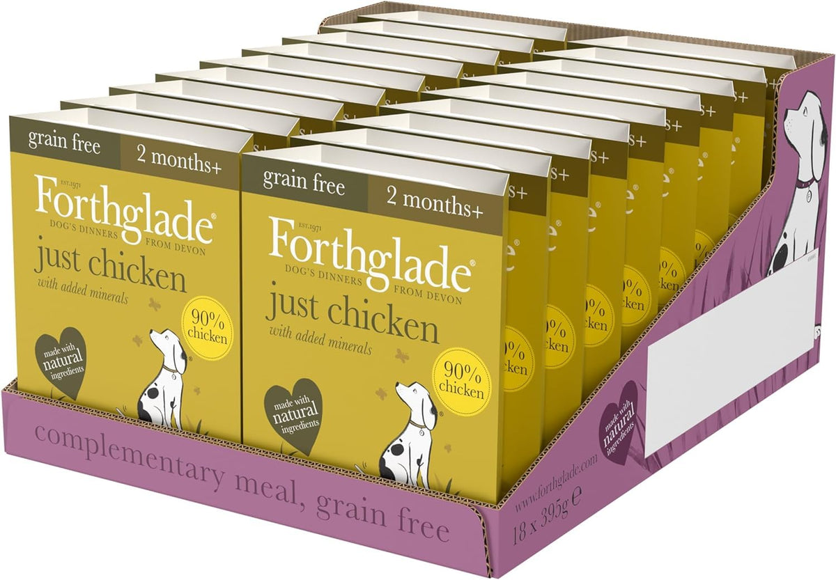 Forthglade Complementary Wet Dog Food (12 x 395g Trays) - Grain Free & Hypoallergenic Dog Food, Just Chicken, Chicken with Liver & Turkey, 90% Protein Stomach Sensitive with Natural Ingredients