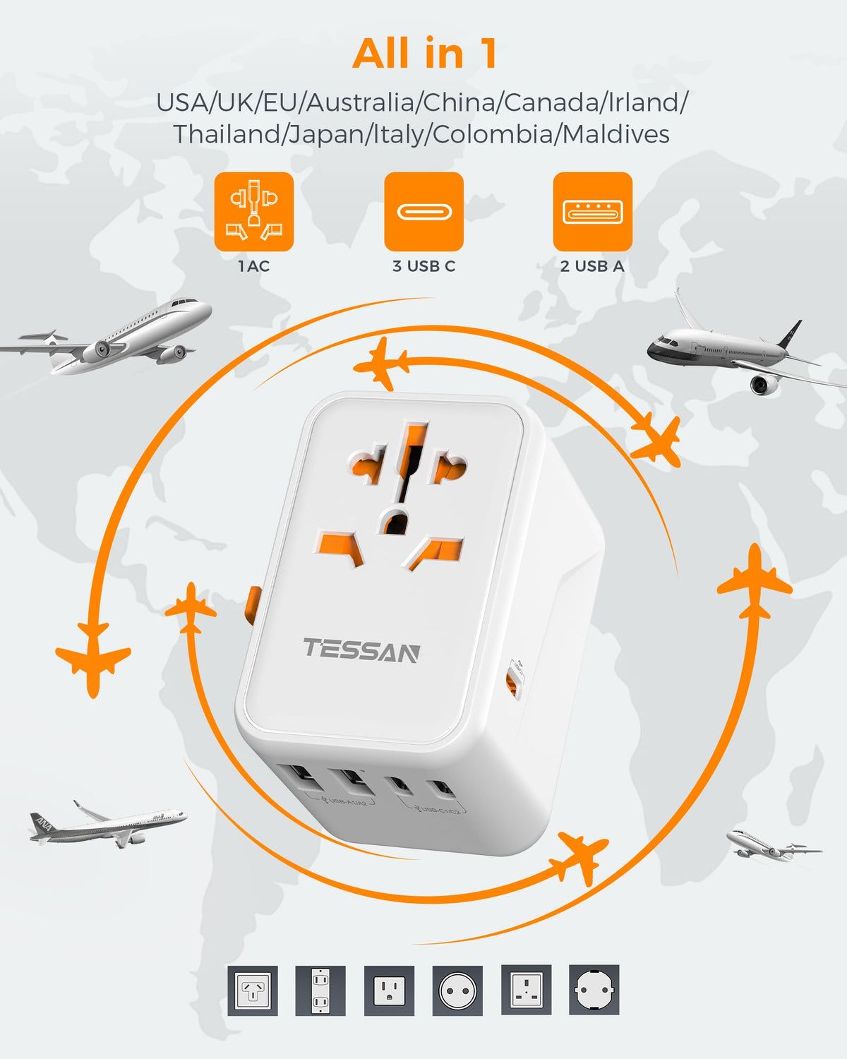 TESSAN UK to Universal Travel Adapter, 1 Pack, Black