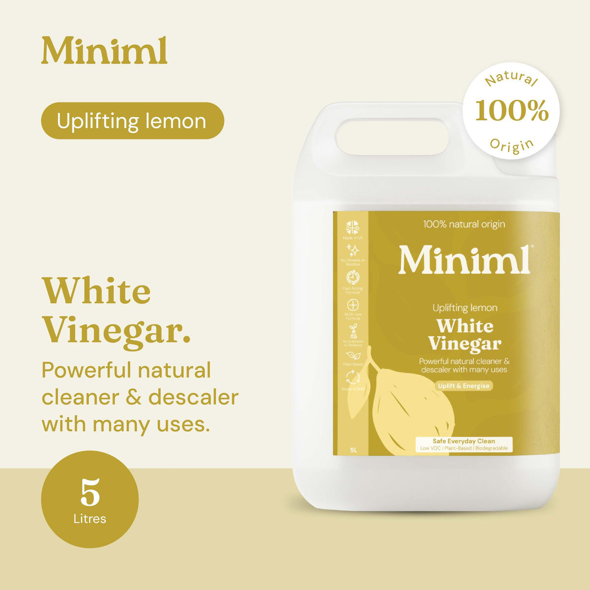 Miniml Eco White Vinegar Cleaning Unscented 750ml - All Natural Multi-Surface & Multi-Purpose Cleaner, Limescale Remover, Laundry Softener & More - 100% Vegan & Cruelty Free