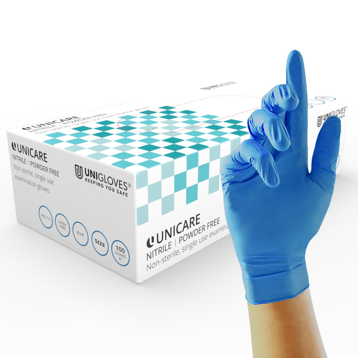Unigloves Unicare Nitrile Examination Disposable Box of 100 Blue Gloves