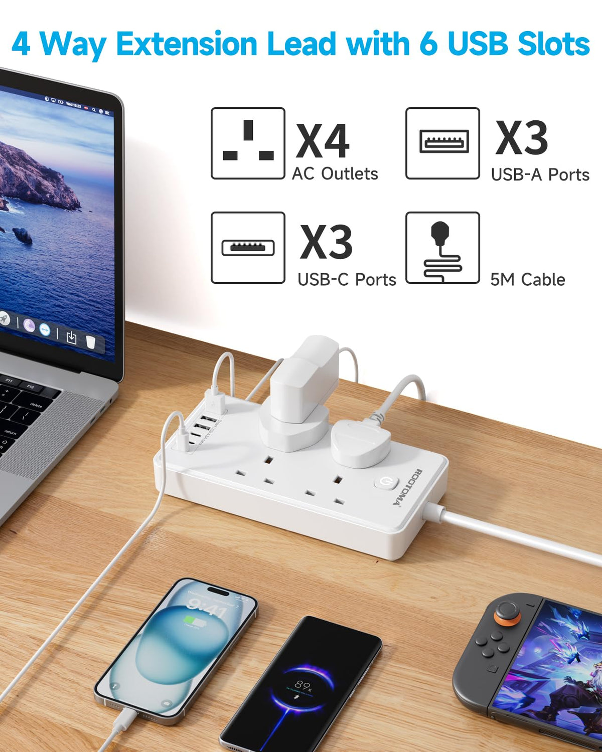 Extension Lead with 6 USB Slots (3 USB C), 4 Way Surge Protected, 3M