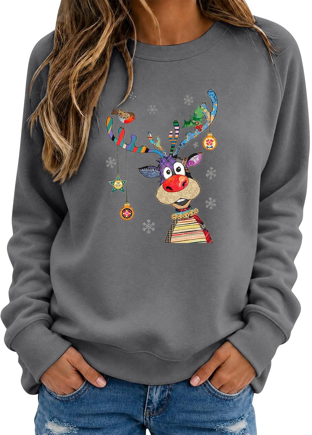 Christmas Jumpers Women Reindeer Graphic Print Sweatshirts Ladies Xmas Tops