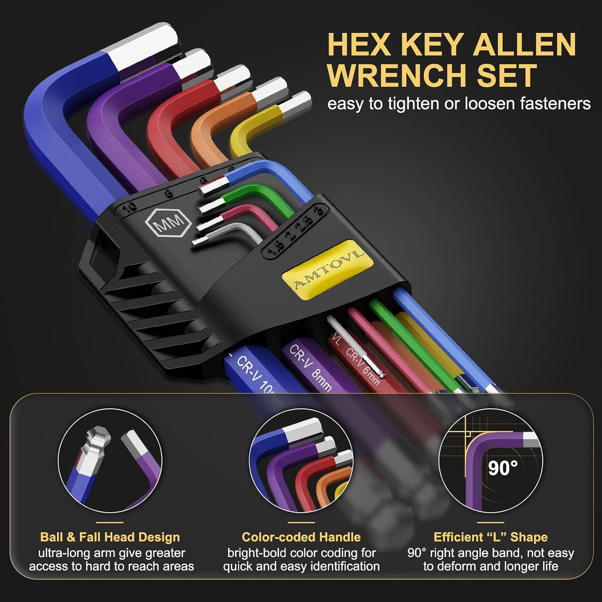 AMTOVL Hex Key Set, 9PCS Metric Allen Key Set, 1.5-10MM, Long Ball End